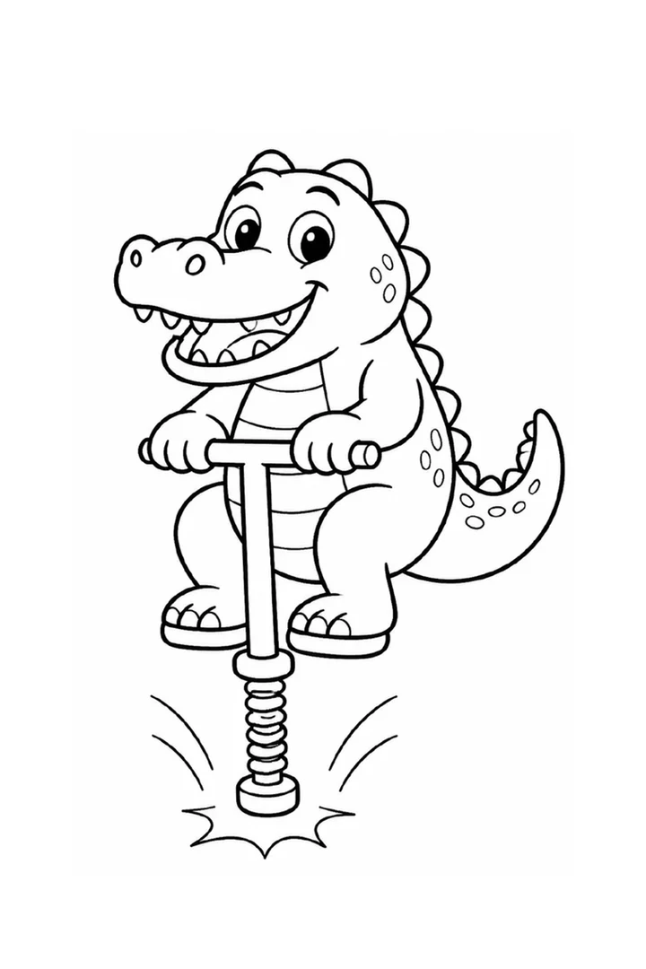 Colouring page showing a friendly-looking crocodile bouncing on a pogo stick