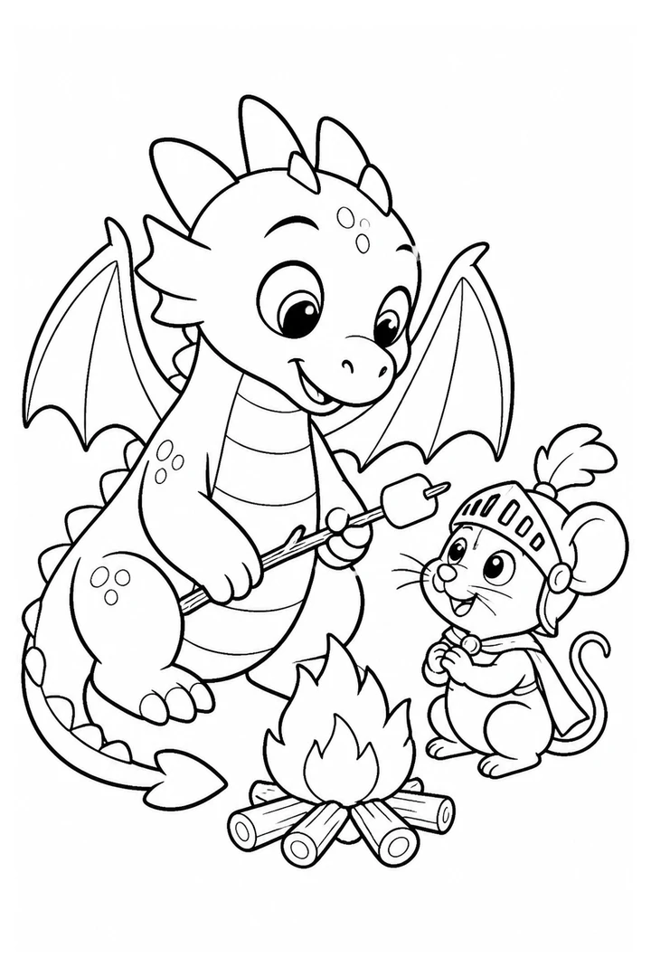 Colouring page showing a friendly baby dragon gently toasting a marshmallow for a little mouse wearing a knight’s helmet