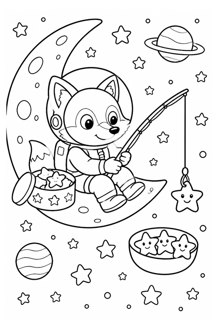 Colouring page showing a fox astronaut sitting on a crescent moon, using a fishing rod to catch star-shaped biscuits floating in space, with a biscuit tin beside it