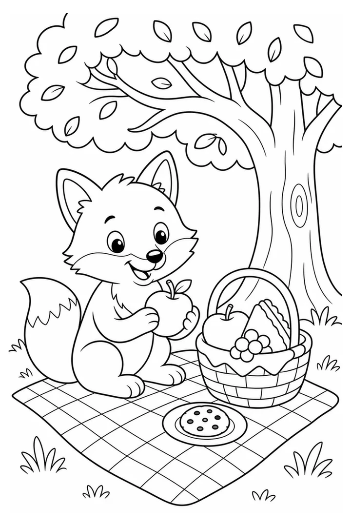 Colouring page showing a friendly fox having a picnic beneath a leafy tree