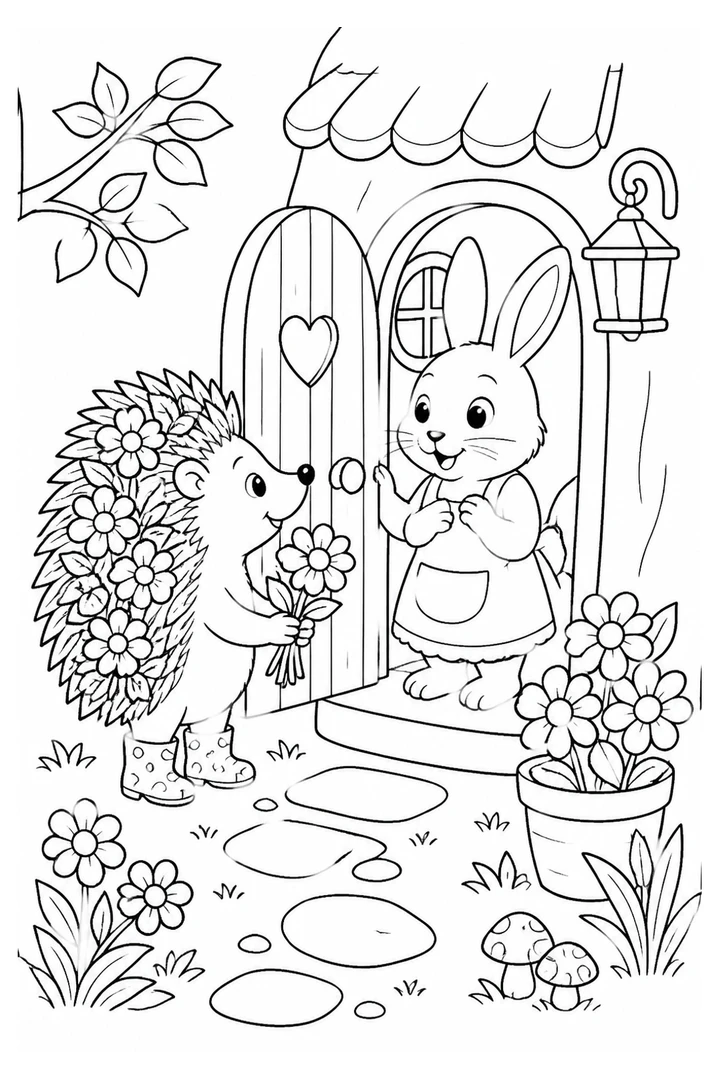 Colouring page showing a friendly hedgehog in tiny wellies delivering flowers tucked between its spines to a rabbit’s front door