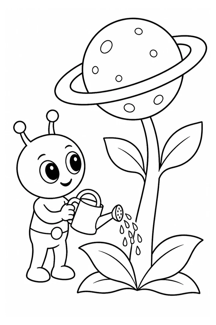 Colouring page showing a friendly little alien watering one enormous flower that has grown a tiny ringed planet instead of a blossom