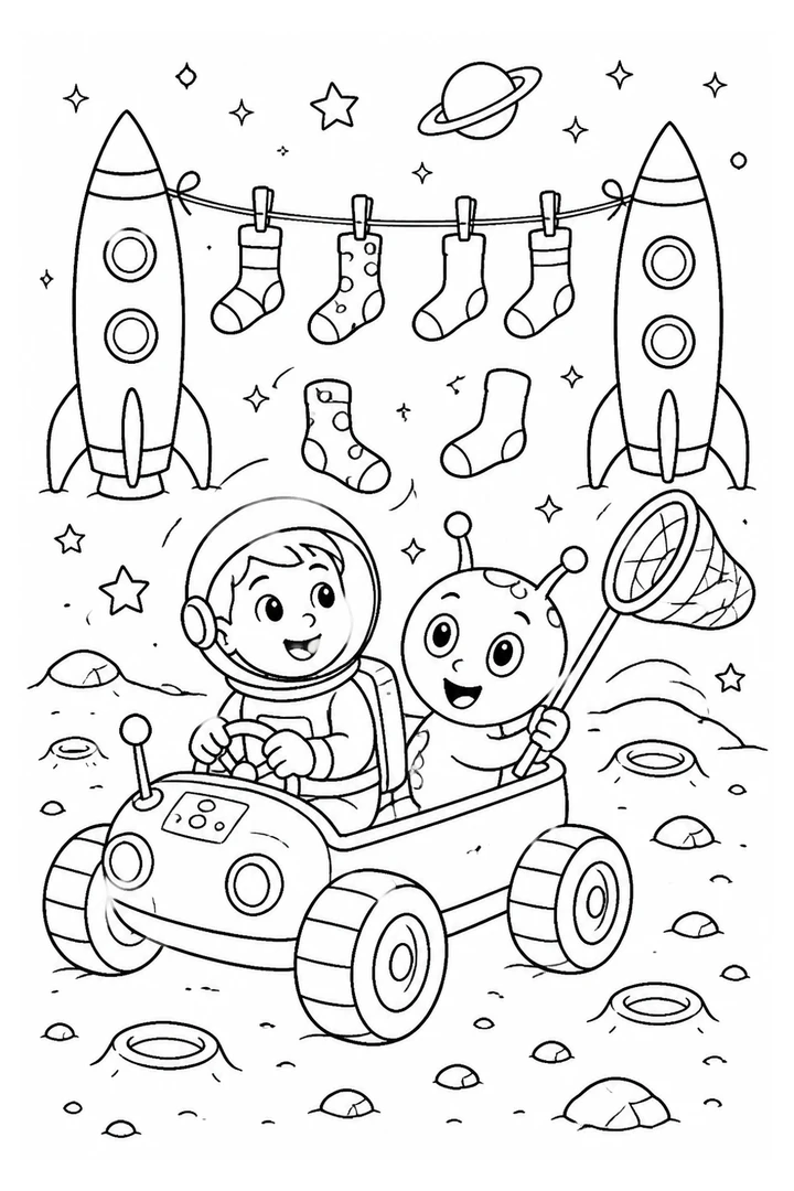 Colouring page showing a young astronaut and a friendly alien chasing floating socks in a moon rover, with a washing line stretched between two small rockets