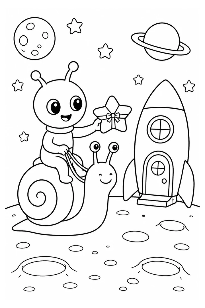 Colouring page showing a friendly little alien riding a snail across the moon, delivering a star-shaped parcel to a tiny rocket-shaped house