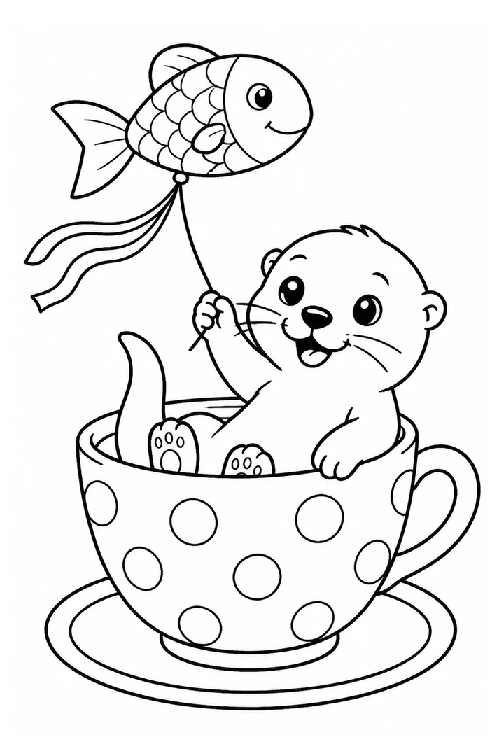 Colouring page showing a cheerful otter floating in a giant teacup while flying a fish-shaped kite