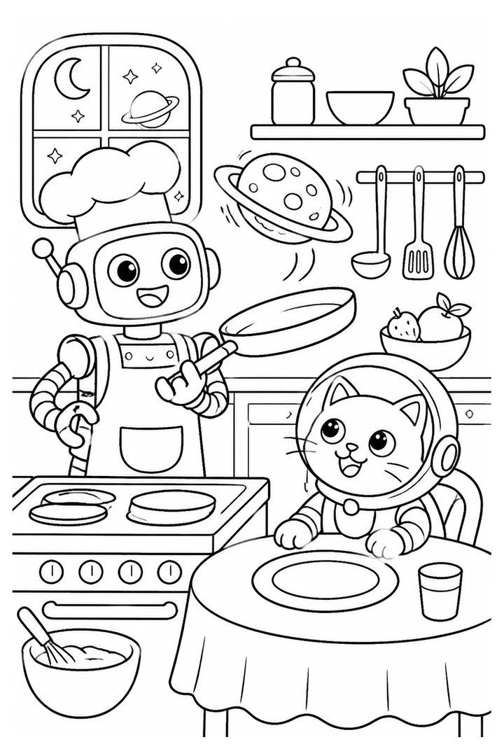 Colouring page showing a cheerful robot chef flipping a pancake shaped like a planet while a cat astronaut waits at the kitchen table with a plate