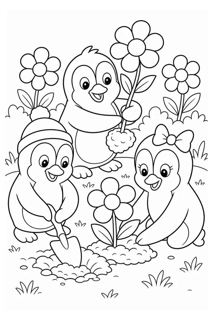 Colouring page showing three cheerful penguins planting large flowers in a garden