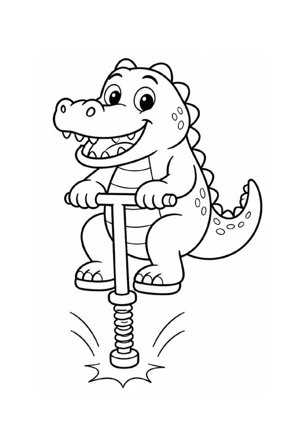 Colouring page showing a friendly-looking crocodile bouncing on a pogo stick