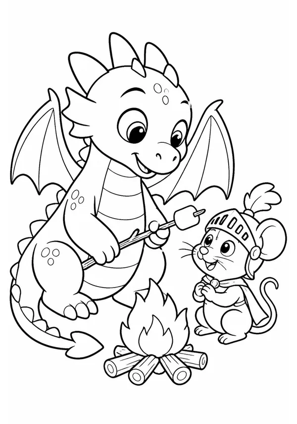 Colouring page showing a friendly baby dragon gently toasting a marshmallow for a little mouse wearing a knight’s helmet