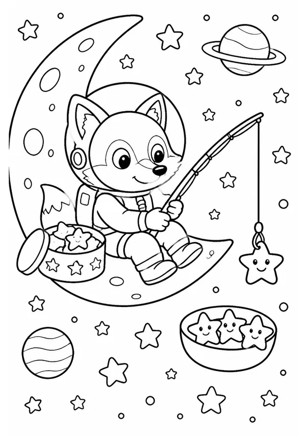 Colouring page showing a fox astronaut sitting on a crescent moon, using a fishing rod to catch star-shaped biscuits floating in space, with a biscuit tin beside it