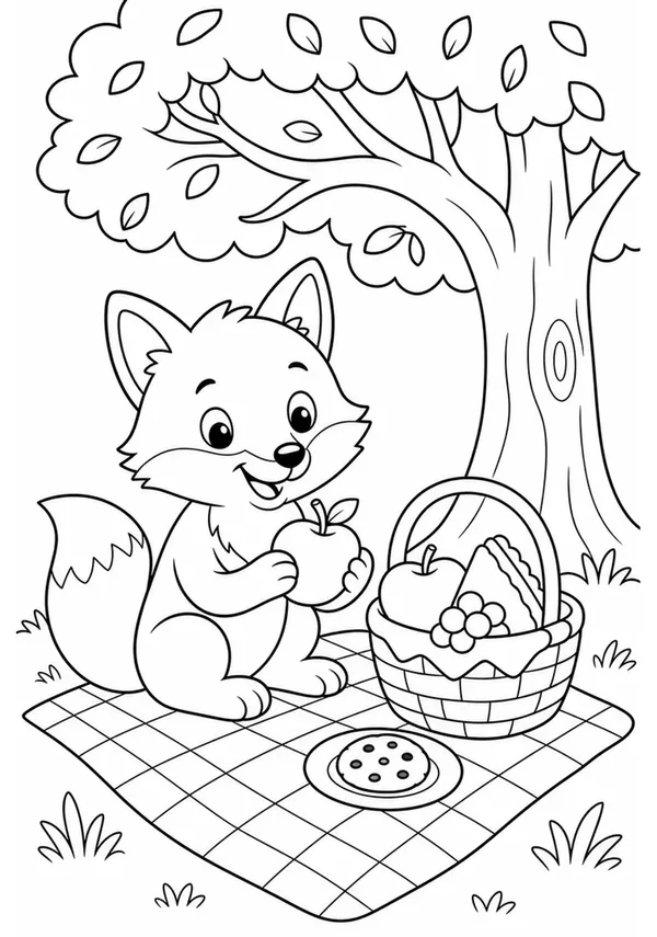 Colouring page showing a friendly fox having a picnic beneath a leafy tree