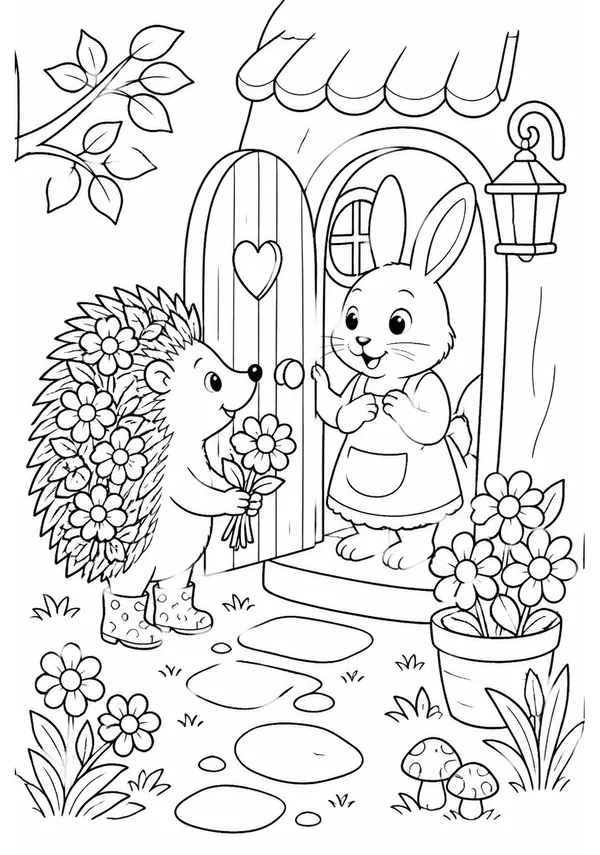 Colouring page showing a friendly hedgehog in tiny wellies delivering flowers tucked between its spines to a rabbit’s front door