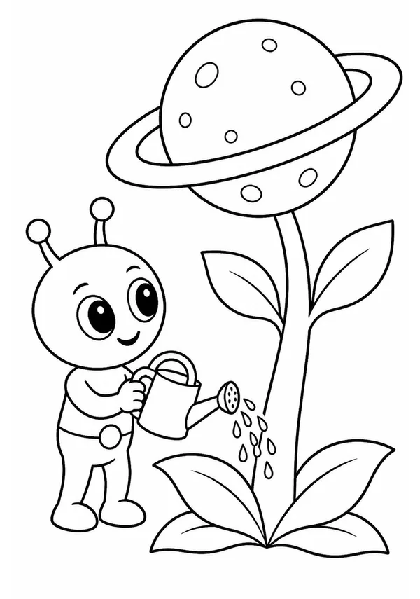 Colouring page showing a friendly little alien watering one enormous flower that has grown a tiny ringed planet instead of a blossom