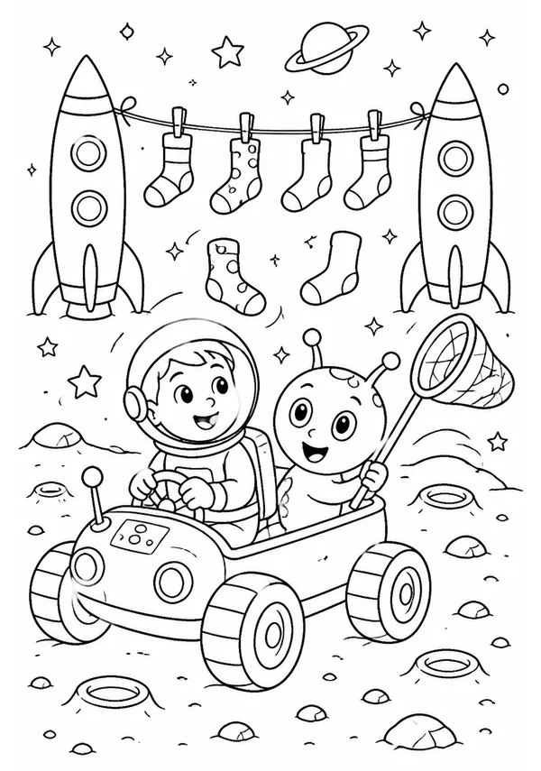 Colouring page showing a young astronaut and a friendly alien chasing floating socks in a moon rover, with a washing line stretched between two small rockets