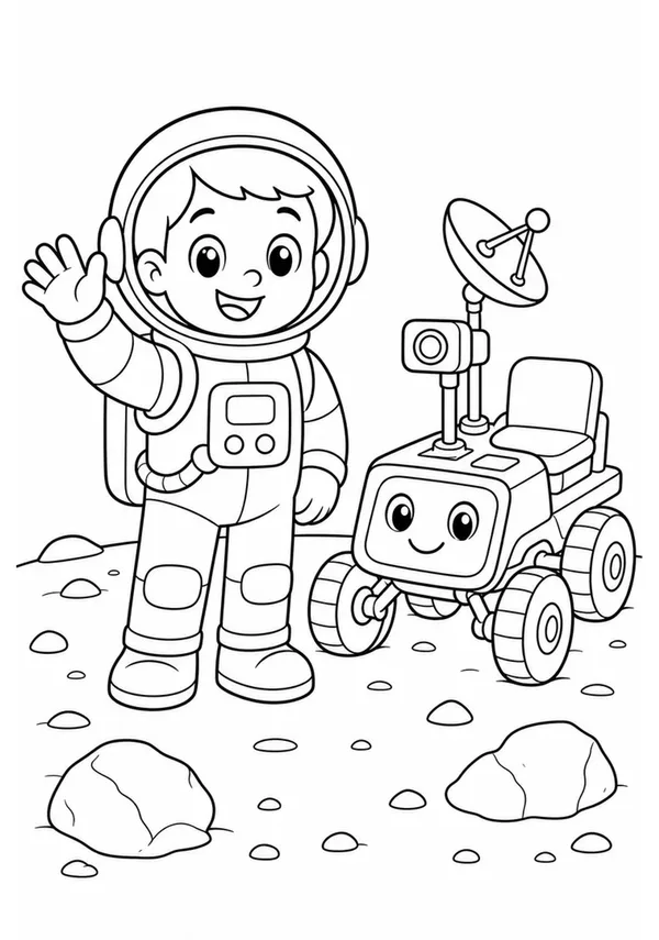 Colouring page showing a young astronaut waving beside a friendly moon rover