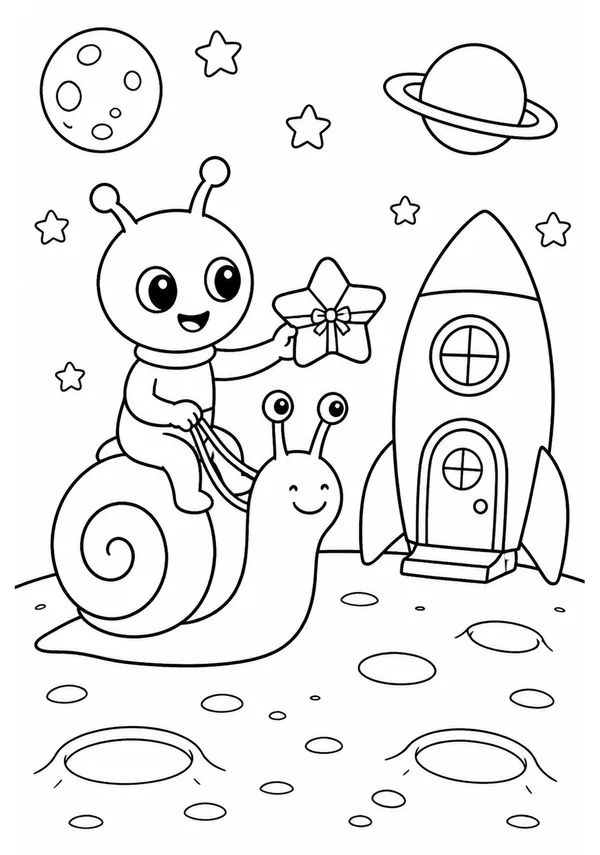 Colouring page showing a friendly little alien riding a snail across the moon, delivering a star-shaped parcel to a tiny rocket-shaped house