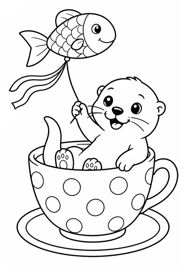 Colouring page showing a cheerful otter floating in a giant teacup while flying a fish-shaped kite