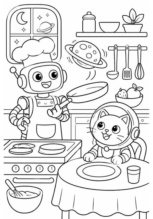 Colouring page showing a cheerful robot chef flipping a pancake shaped like a planet while a cat astronaut waits at the kitchen table with a plate