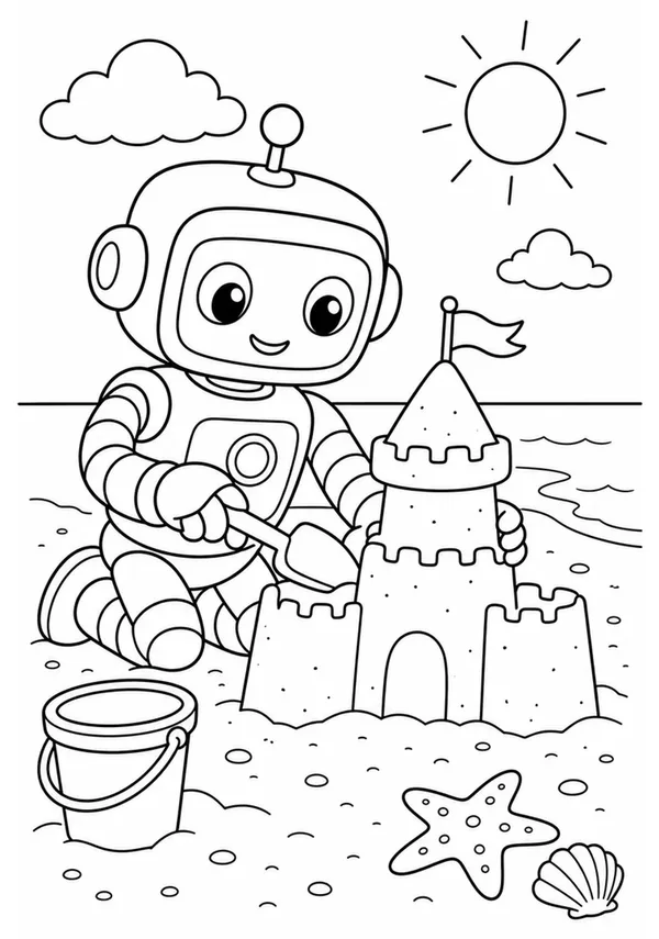 Colouring page showing a friendly little robot building a sandcastle on a quiet beach