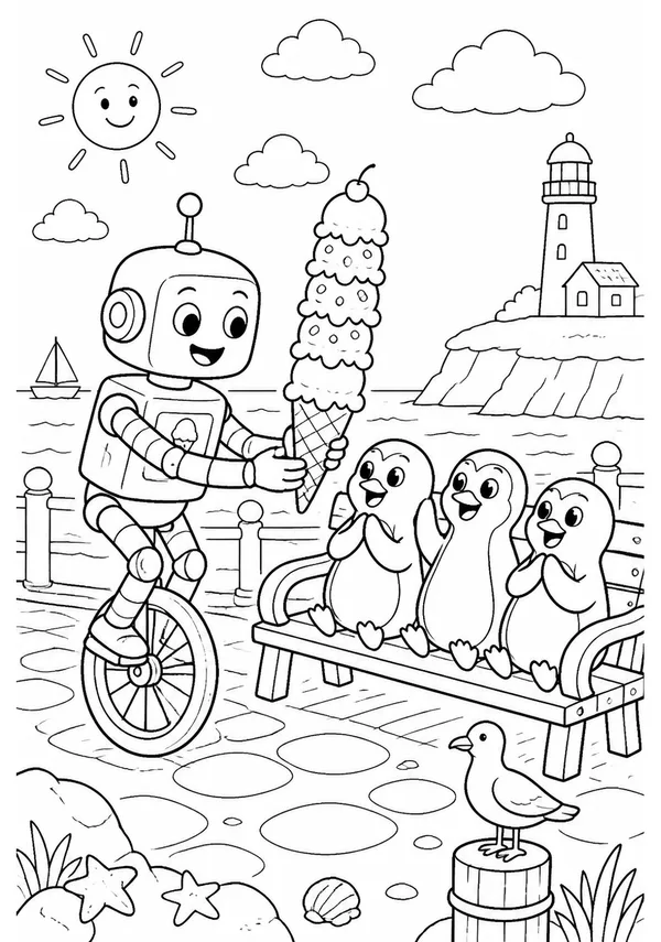 Colouring page showing a friendly robot riding an ice cream unicycle along the seaside, delivering a towering cone to three penguins waiting on a bench