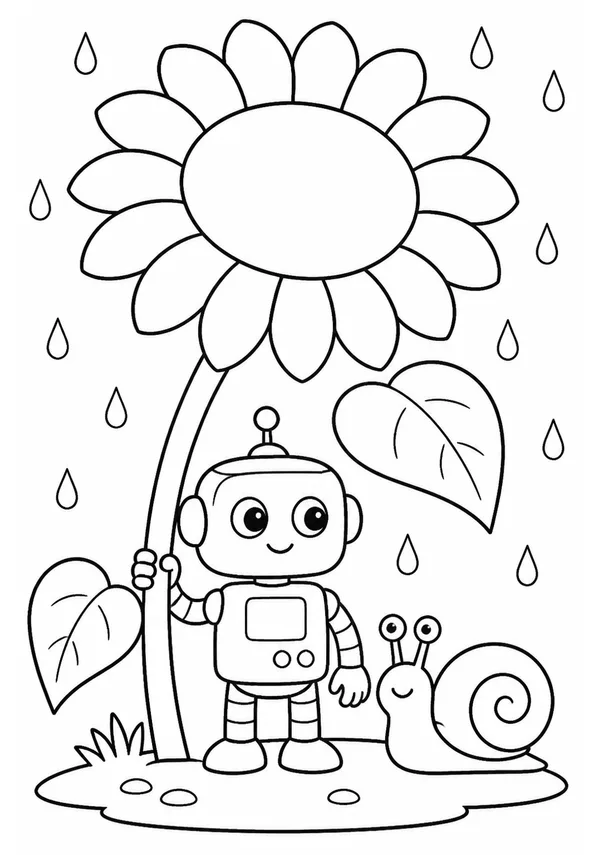 Colouring page showing a friendly tiny robot sheltering from the rain beneath one enormous sunflower, with a little snail beside it