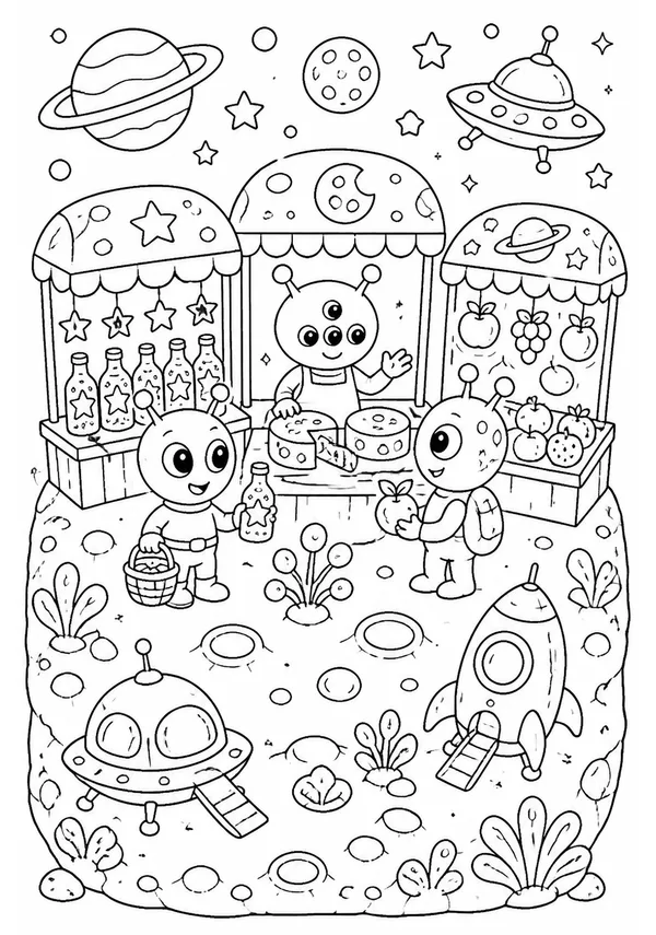 Colouring page showing friendly aliens visiting a market on a tiny planet, with stalls selling bottled shooting stars, moon-cheese wheels and floating fruit, and little spaceships parked nearby