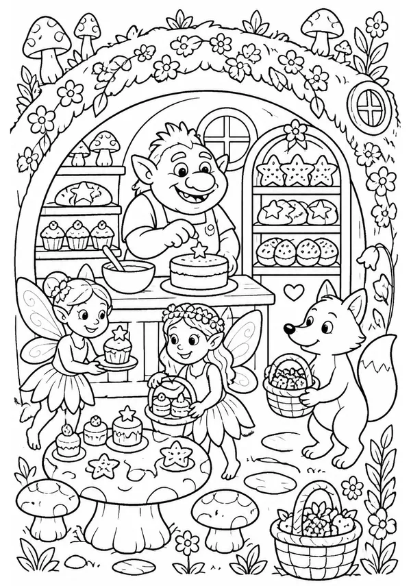 Colouring page showing a friendly troll running a bakery inside a hollow hill, with fairies collecting tiny cakes, a fox delivering berries, mushroom tables and shelves of star-shaped bread