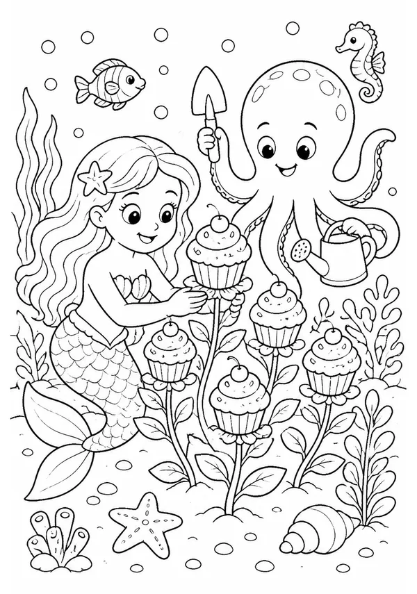 Colouring page showing a mermaid growing cupcakes on flower stems in an underwater garden, helped by a friendly octopus holding gardening tools