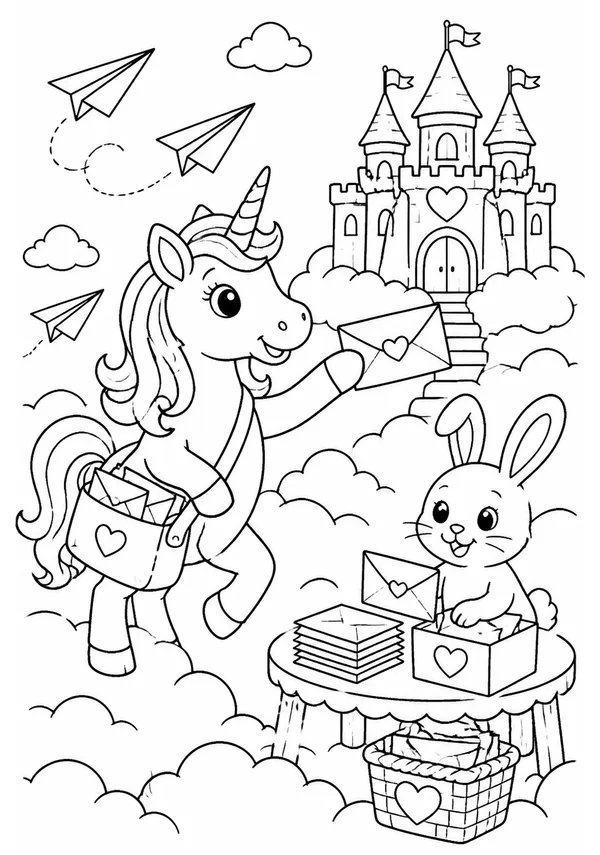 Colouring page showing a cheerful unicorn delivering letters to a castle in the clouds, with a rabbit helping sort the post and paper aeroplanes flying from the postbag