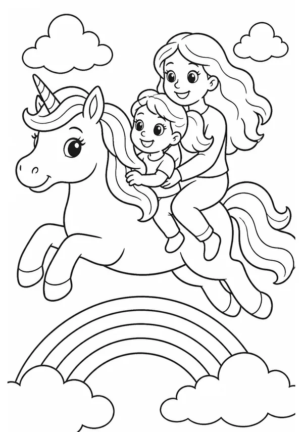 Colouring page showing a mother and daughter riding a friendly unicorn through the sky above a rainbow, surrounded by fluffy clouds