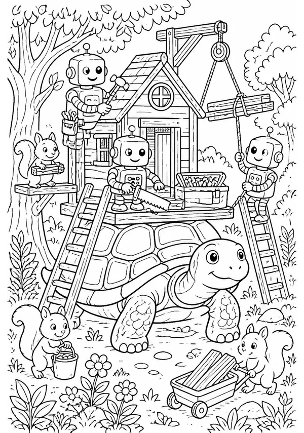 Colouring page showing three friendly robots building a treehouse on a giant tortoise’s shell, with ladders, toolboxes, a pulley lifting wooden planks and squirrels helping carry supplies