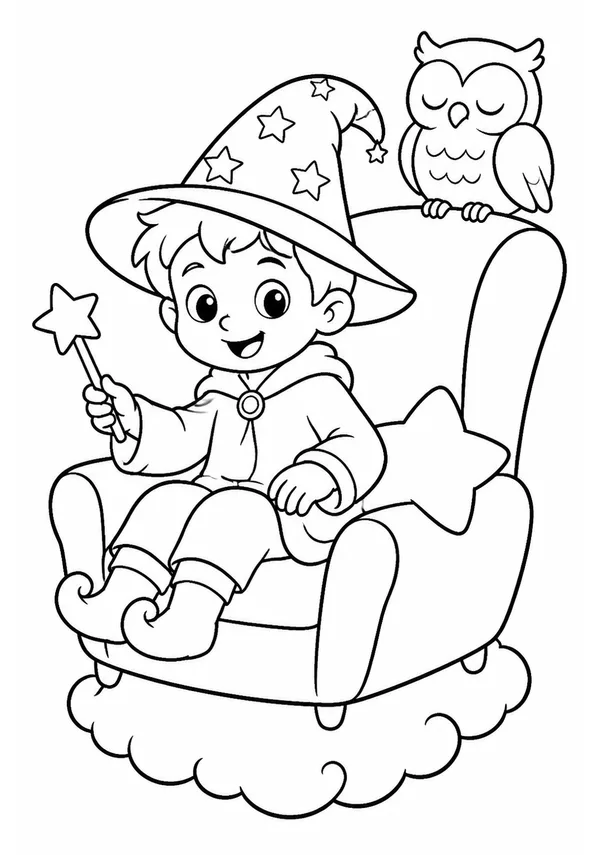 Colouring page showing a friendly little wizard travelling in a floating armchair, with a sleepy owl perched on the back and a star-shaped cushion