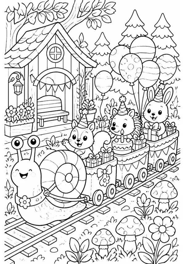 Colouring page showing woodland animals celebrating a birthday aboard a little train pulled by a giant snail, with decorated carriages, presents, balloons and a forest station