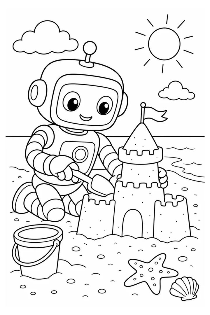 Colouring page showing a friendly little robot building a sandcastle on a quiet beach