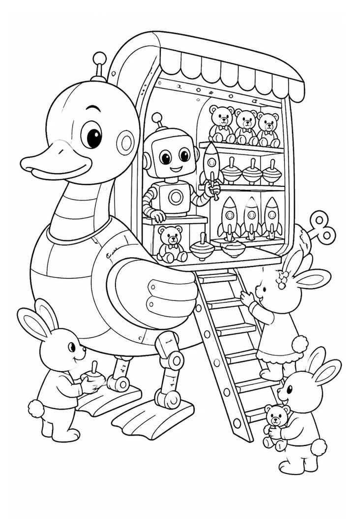 Colouring page showing a friendly robot running a toy shop on the back of a giant mechanical duck, with shelves of teddy bears, spinning tops and toy rockets, a little fold-out staircase and rabbits choosing their favourite toys