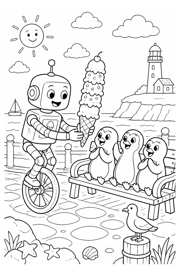 Colouring page showing a friendly robot riding an ice cream unicycle along the seaside, delivering a towering cone to three penguins waiting on a bench