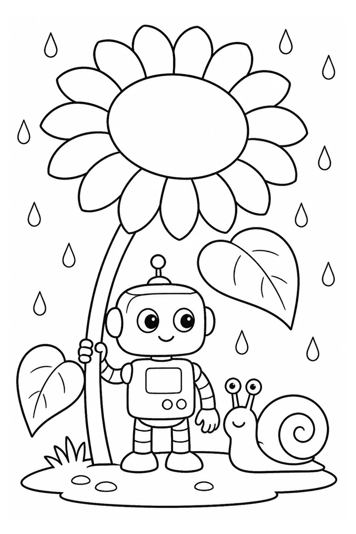 Colouring page showing a friendly tiny robot sheltering from the rain beneath one enormous sunflower, with a little snail beside it
