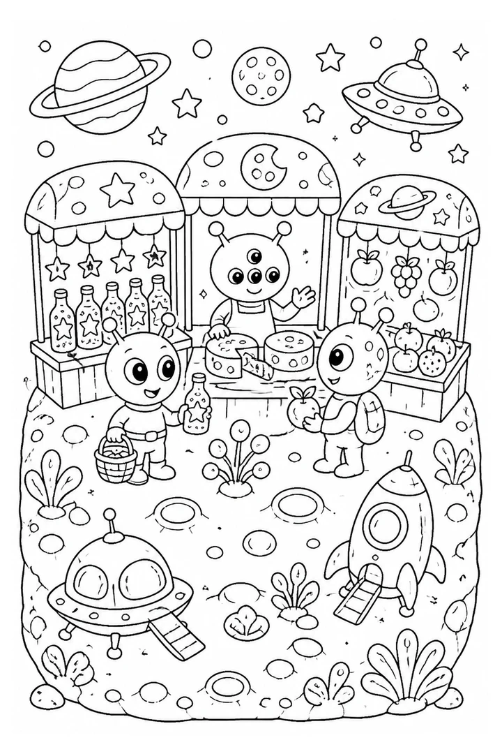 Colouring page showing friendly aliens visiting a market on a tiny planet, with stalls selling bottled shooting stars, moon-cheese wheels and floating fruit, and little spaceships parked nearby