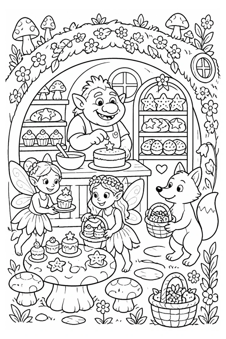 Colouring page showing a friendly troll running a bakery inside a hollow hill, with fairies collecting tiny cakes, a fox delivering berries, mushroom tables and shelves of star-shaped bread