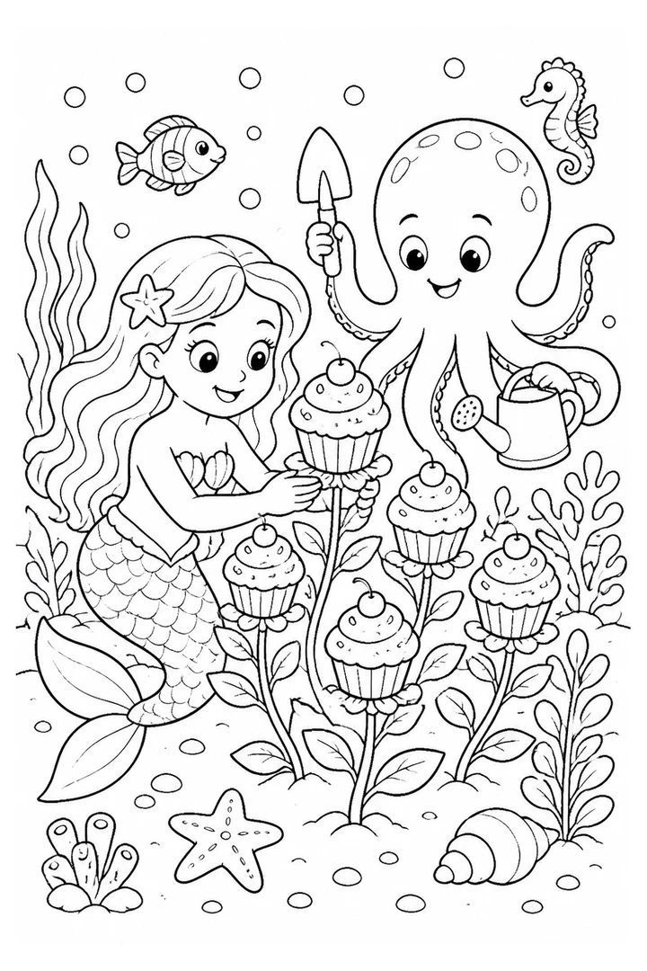 Colouring page showing a mermaid growing cupcakes on flower stems in an underwater garden, helped by a friendly octopus holding gardening tools