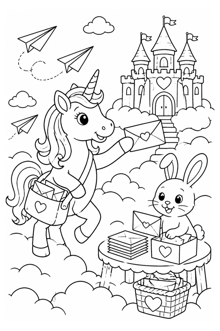 Colouring page showing a cheerful unicorn delivering letters to a castle in the clouds, with a rabbit helping sort the post and paper aeroplanes flying from the postbag