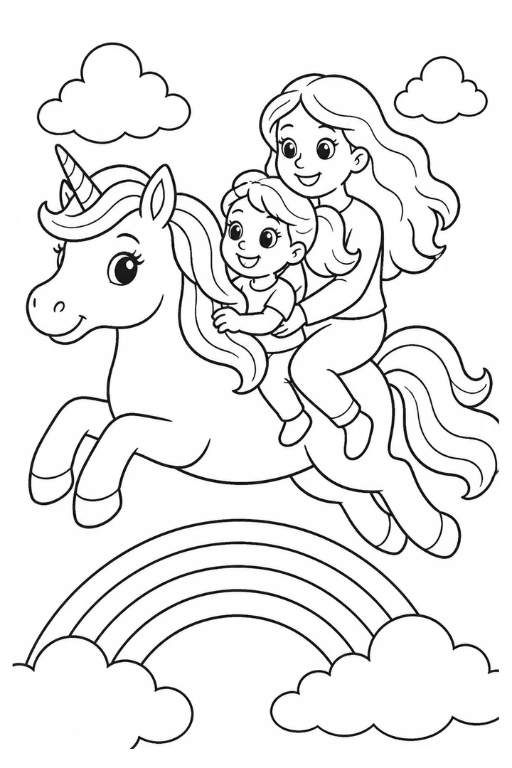 Colouring page showing a mother and daughter riding a friendly unicorn through the sky above a rainbow, surrounded by fluffy clouds