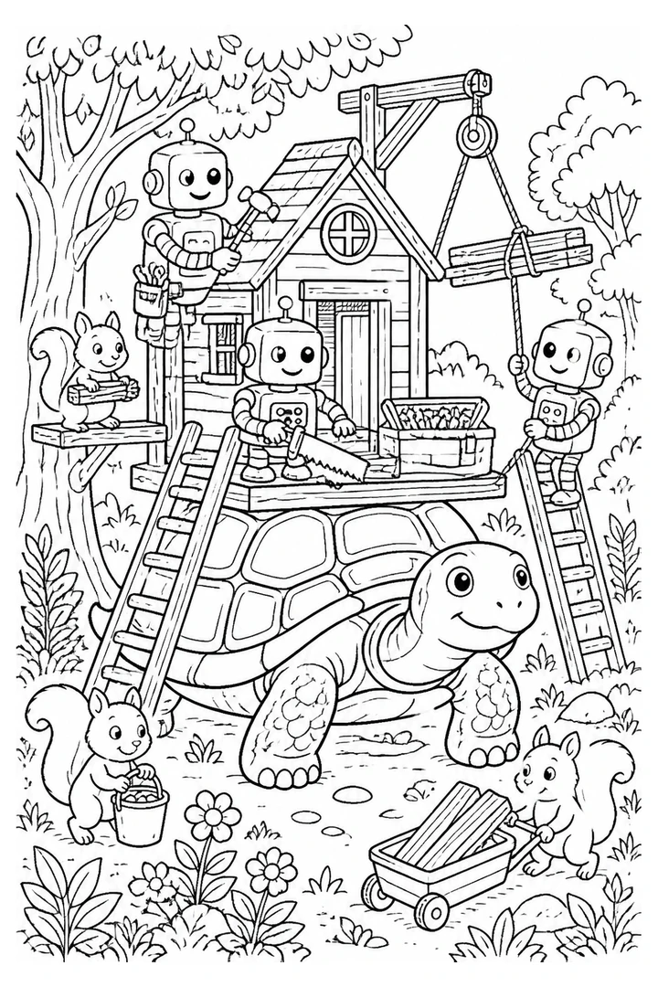 Colouring page showing three friendly robots building a treehouse on a giant tortoise’s shell, with ladders, toolboxes, a pulley lifting wooden planks and squirrels helping carry supplies