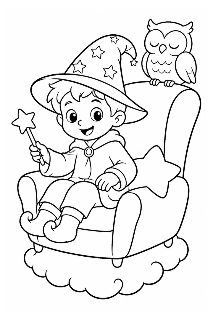 Colouring page showing a friendly little wizard travelling in a floating armchair, with a sleepy owl perched on the back and a star-shaped cushion