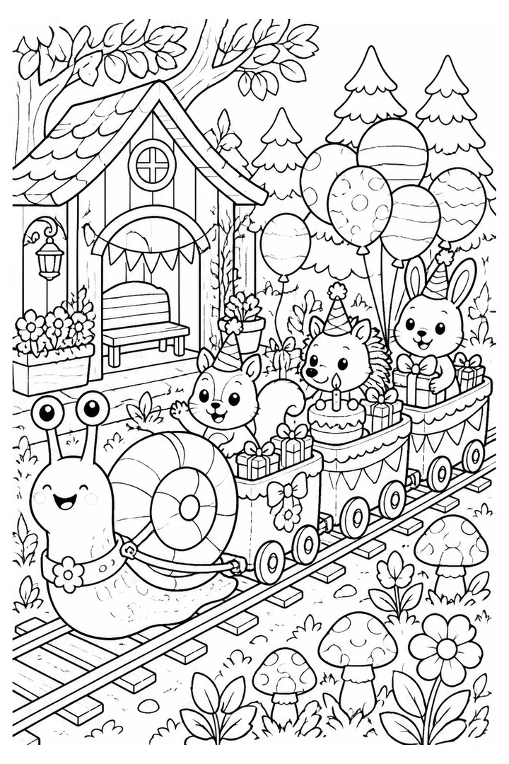 Colouring page showing woodland animals celebrating a birthday aboard a little train pulled by a giant snail, with decorated carriages, presents, balloons and a forest station