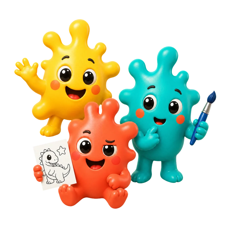 Colour Me’s yellow, coral and teal creative characters