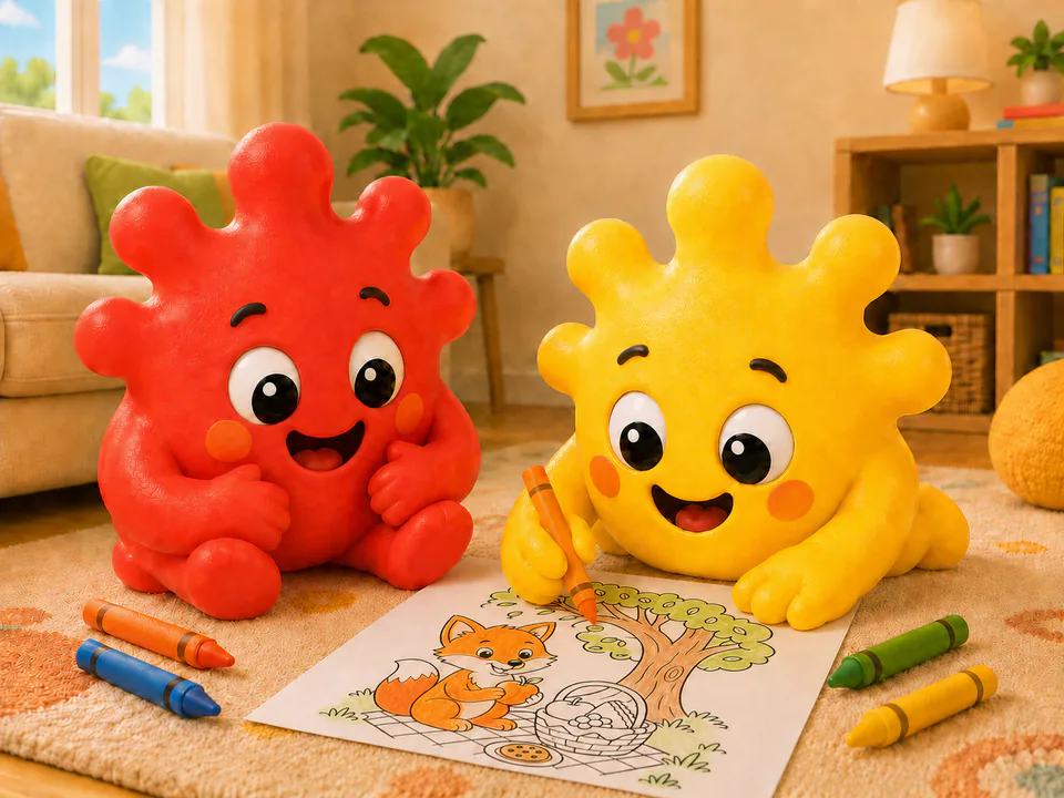 Yellow and coral Colour Me characters colouring a fox picture together