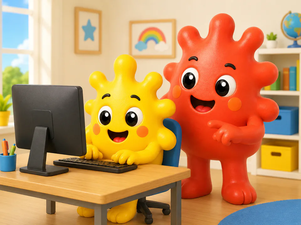 Yellow and coral Colour Me characters choosing an idea at a computer