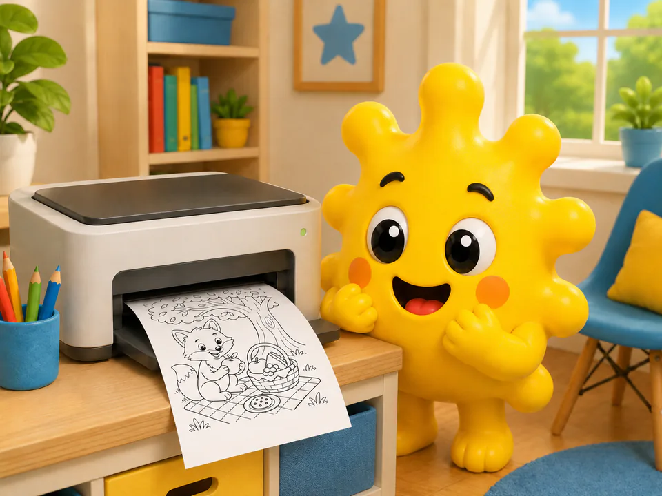 Yellow Colour Me character beside a printer producing a colouring page