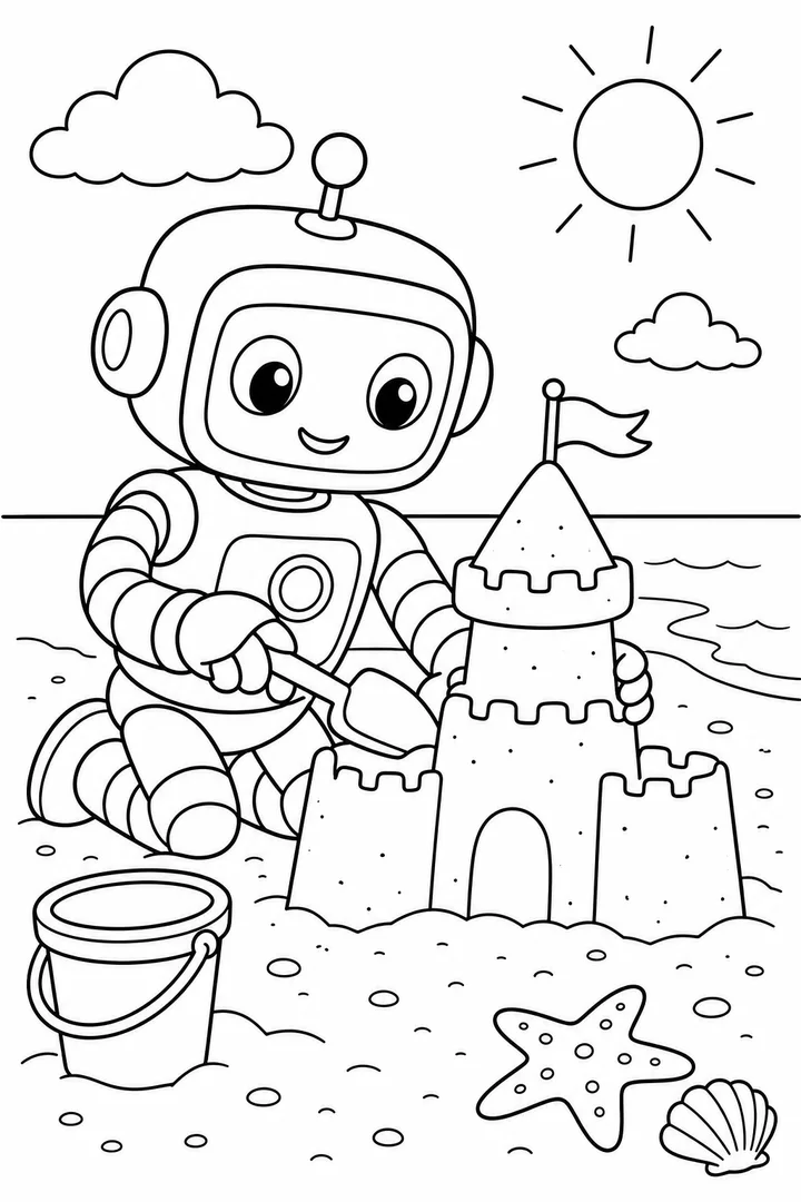 Colouring page showing a friendly robot building a sandcastle